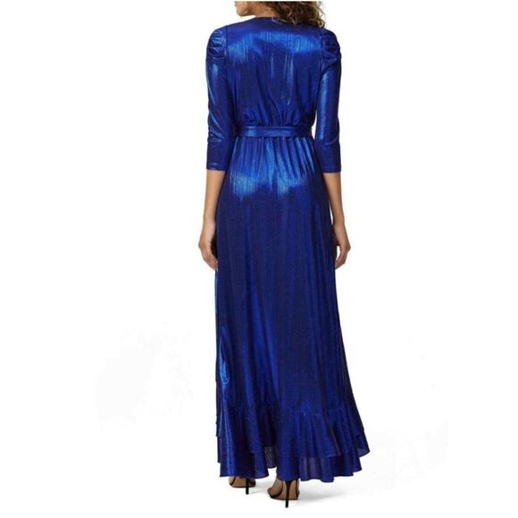 Retrofête Flora Sz Small Metallic Blue Wrap Dress Evening Cocktail High Low - Picture 4 of 15